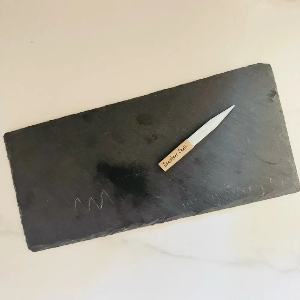 NEW CRATE & BARREL Black Slate Cheese Board White Soapstone Chalk Pencil 12x5